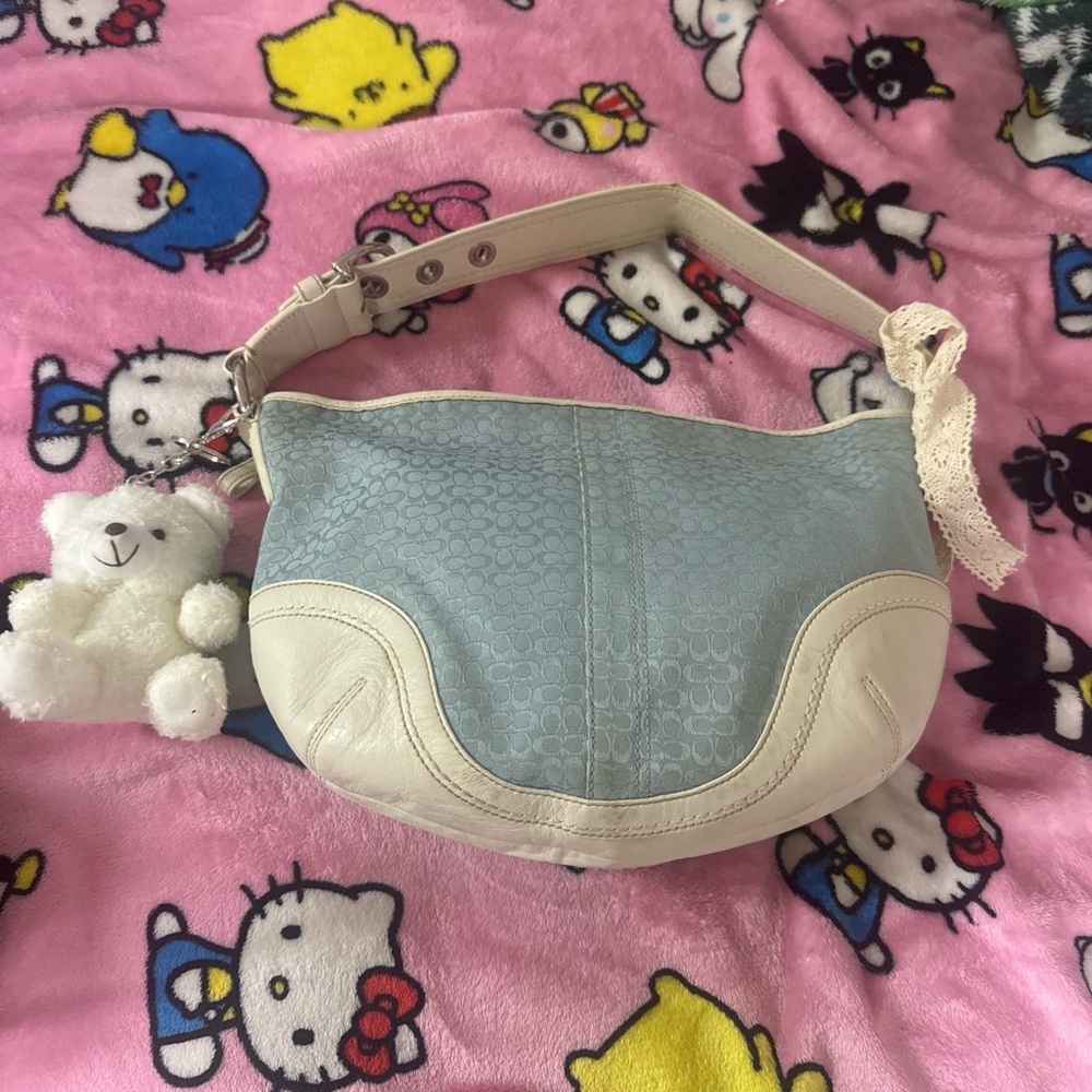 Coach Light Blue and Cream Shoulder Bag with Bear Charm